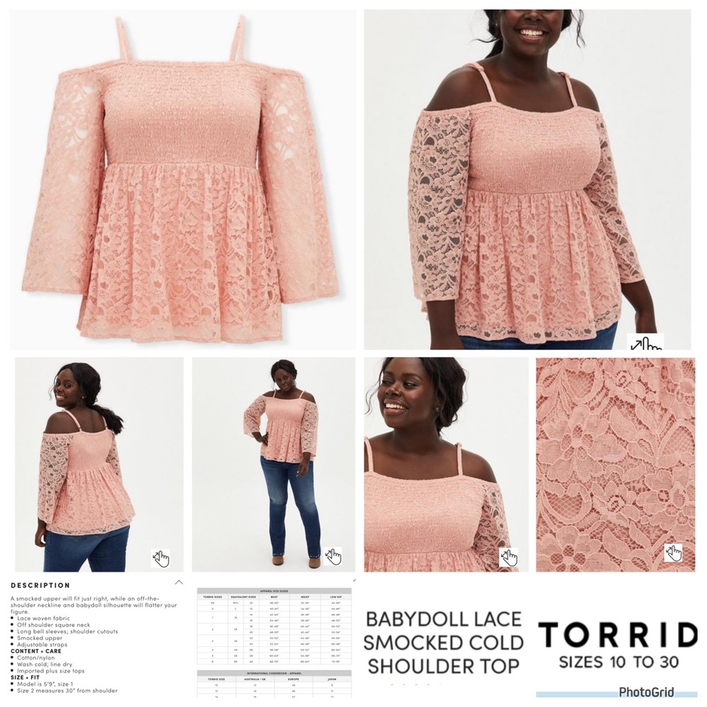 Torrid 5 plus size peach beige babydoll lace smocked cold shoulder top NWT
